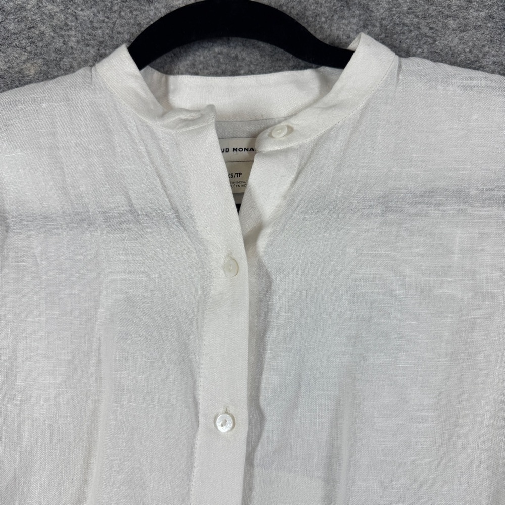 Club Monaco Linen Boho Blouse White XS Embroidered Sleeve Button Shirt Summer - Picture 3 of 16